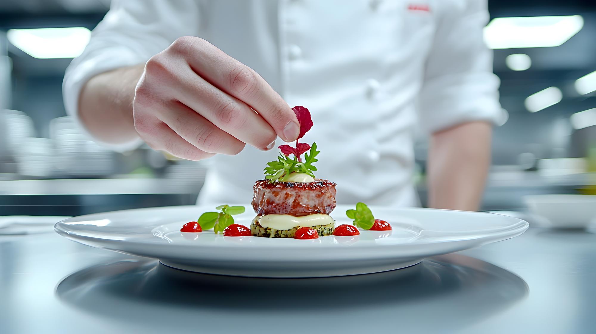 Student plating a composed starter on white plate