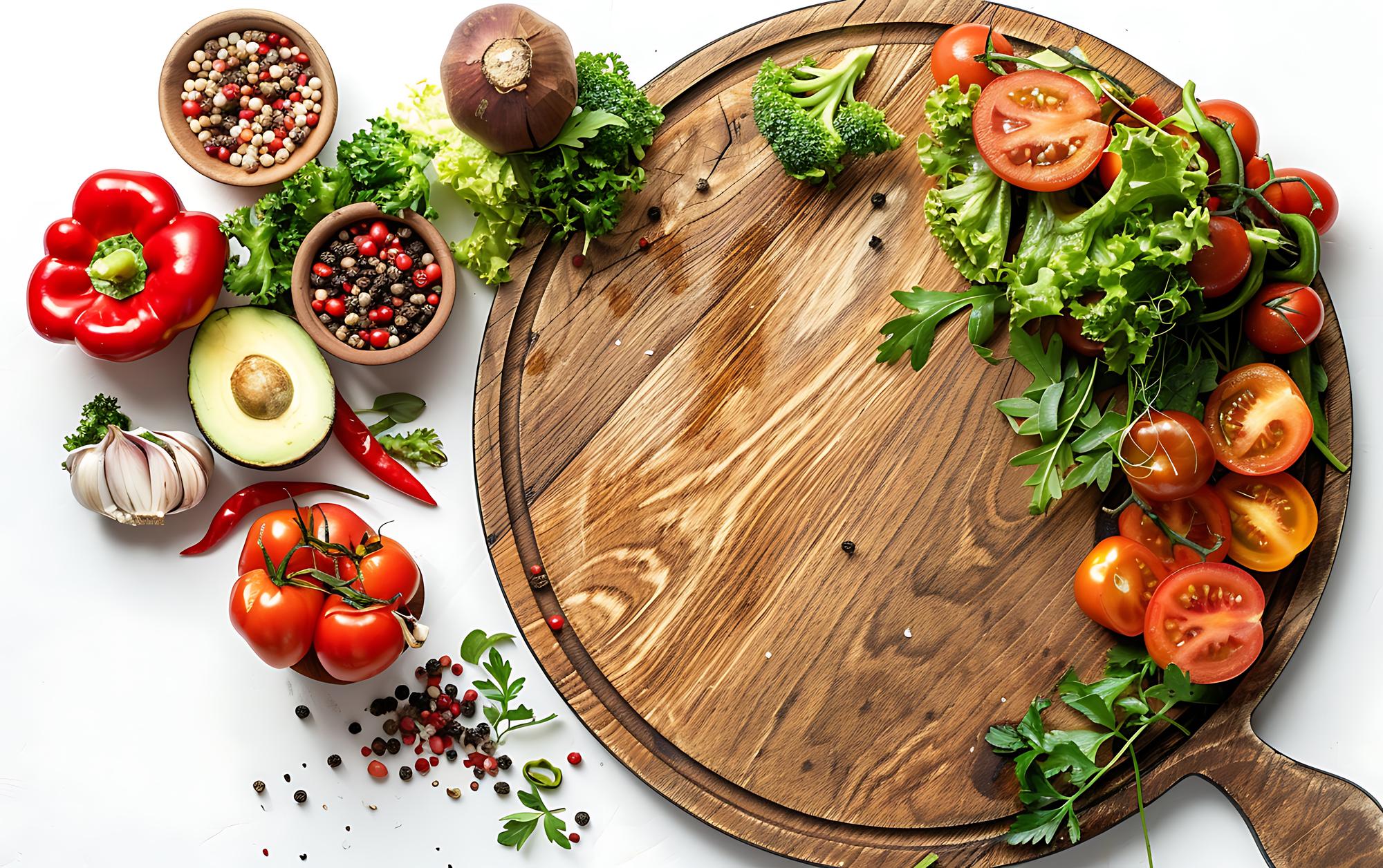 Seasonal vegetable mise en place on wooden board